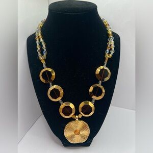 Vintage Avgad Gold & Amber Beaded Statement Necklace – Hammered Pendant